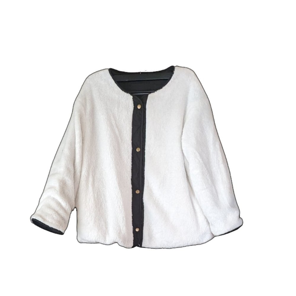 SHEWIN Black Sherpa Puffer Jacket for Women Button Down Reversible Quilted Med - Picture 4 of 8